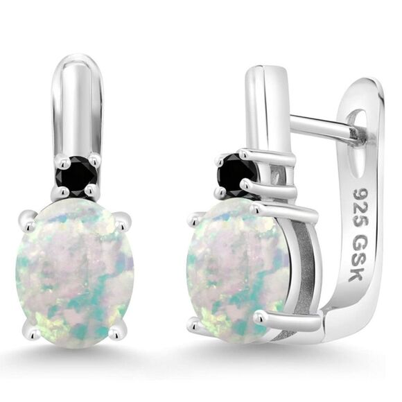 925 Sterling Silver with 3.33 Cttw White Opal and Black Diamond Oval Earrings - Picture 1 of 4